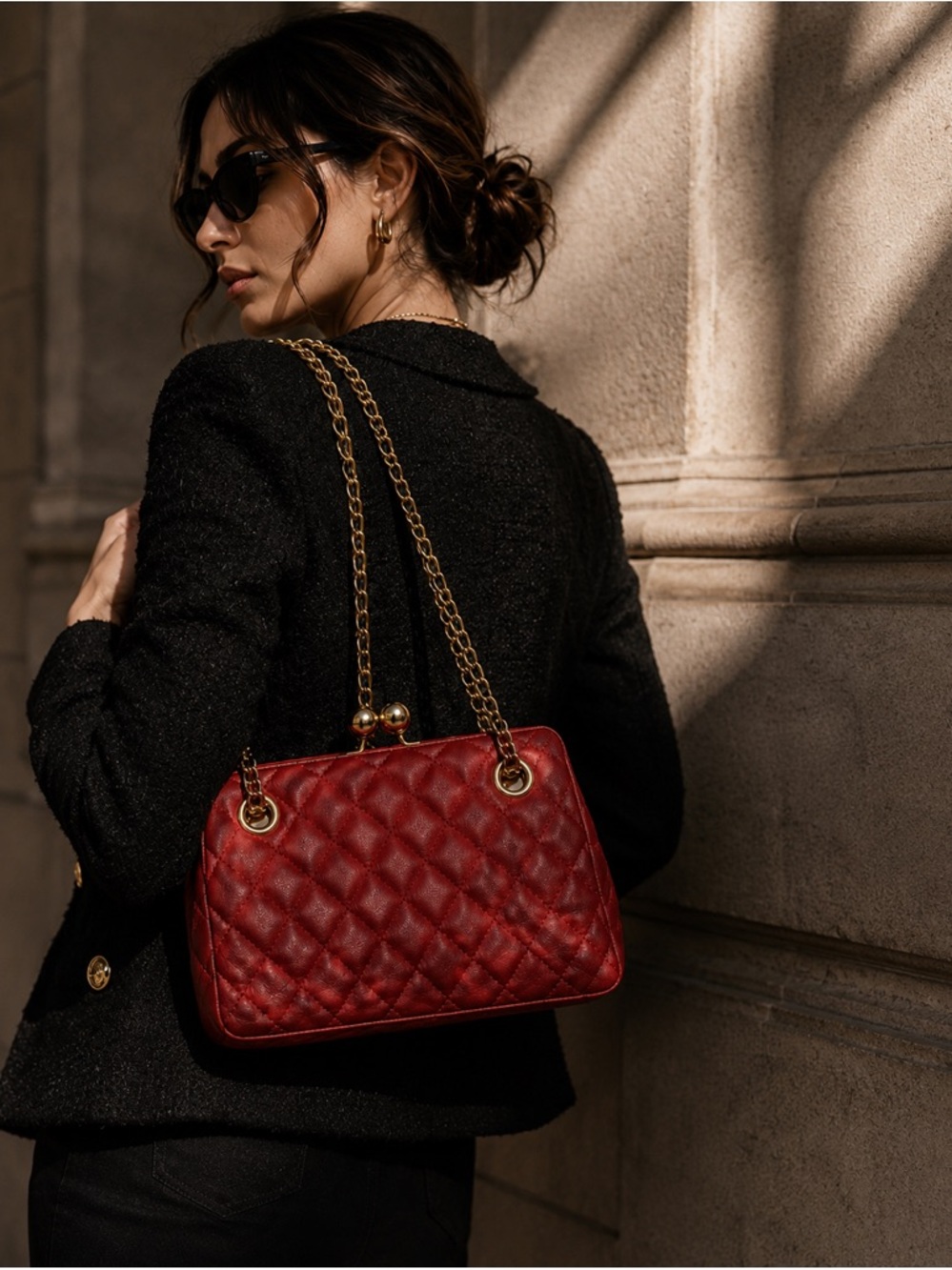 Quilted Red Chain-Handle Shoulder Bag - Designer-Inspired